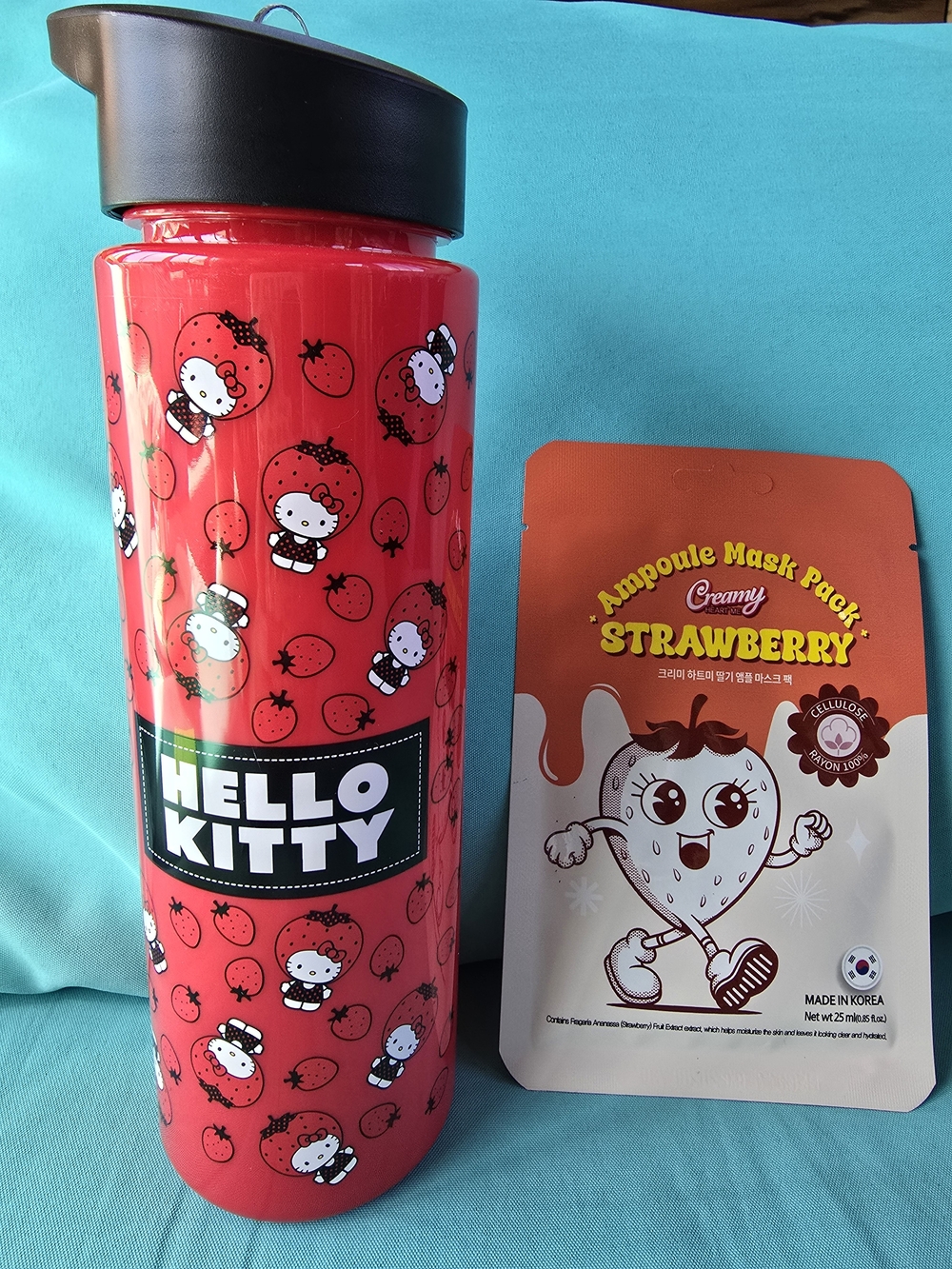 Hello Kitty Strawberry Red Water Bottle & Strawberry Face Mask